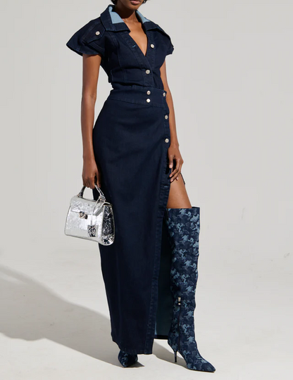 Chelsea side button denim maxi dress