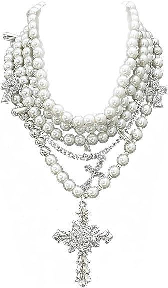 Layered Pearl Necklace Gothic Cross Pearl Stacking Necklace