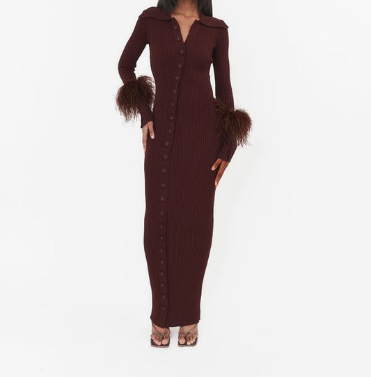 Feather Sleeve Fitted Knit Maxi Dress