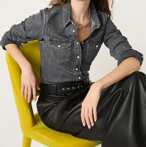 Washed Black Fitted Western Denim Shirt