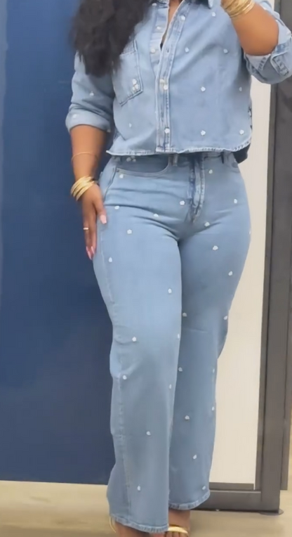 Floral embroidered denim suit
