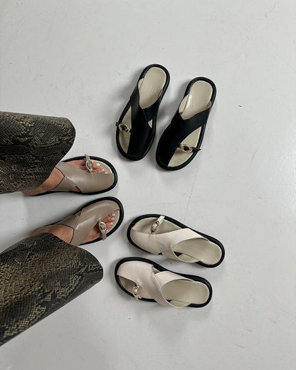 Leather half-closed slippers