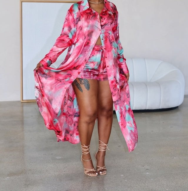 Tie-dyed transparent satin top + matching shorts