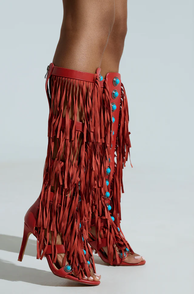 Red high heel open toe tassel sandals
