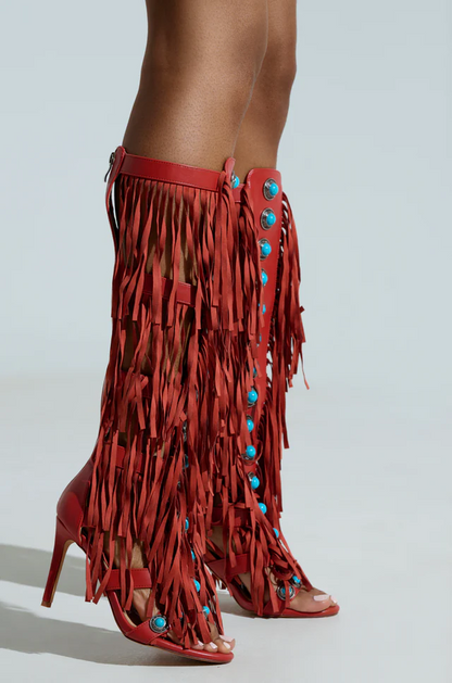 Red high heel open toe tassel sandals