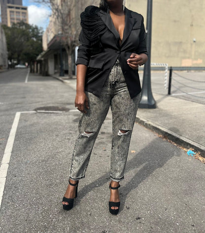 3D Pleated Floral Satin Blazer