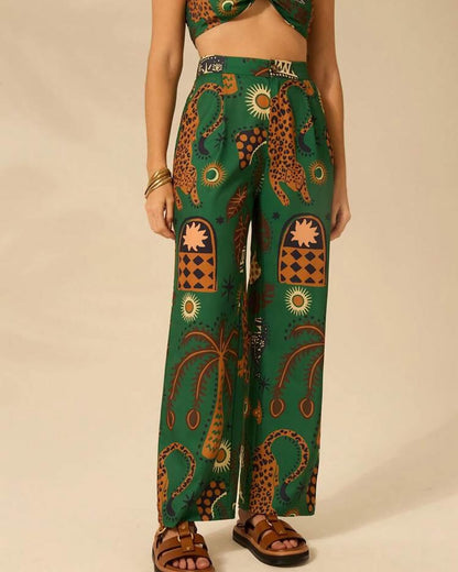Tropical Leopard Colorblock Casual Straight Pants + Vest Set
