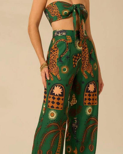 Tropical Leopard Colorblock Casual Straight Pants + Vest Set