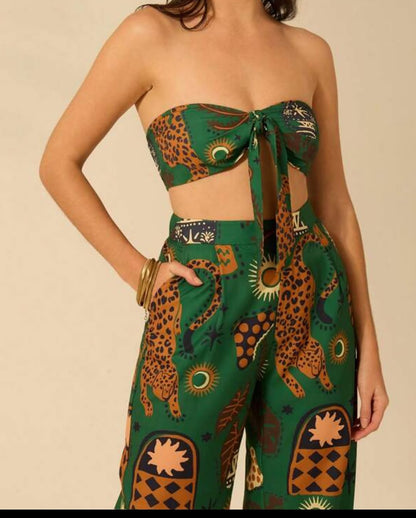 Tropical Leopard Colorblock Casual Straight Pants + Vest Set