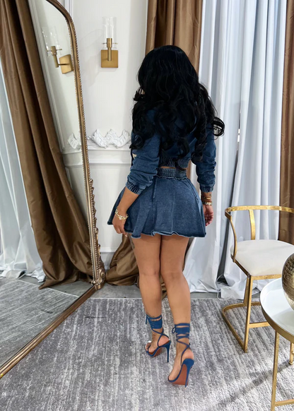 Washed denim skirt suit