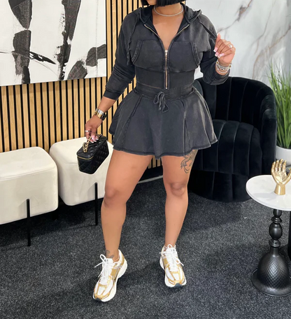 Washed denim skirt suit
