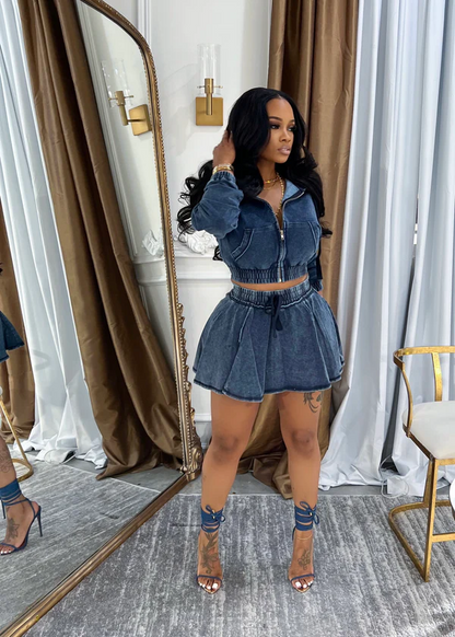 Washed denim skirt suit