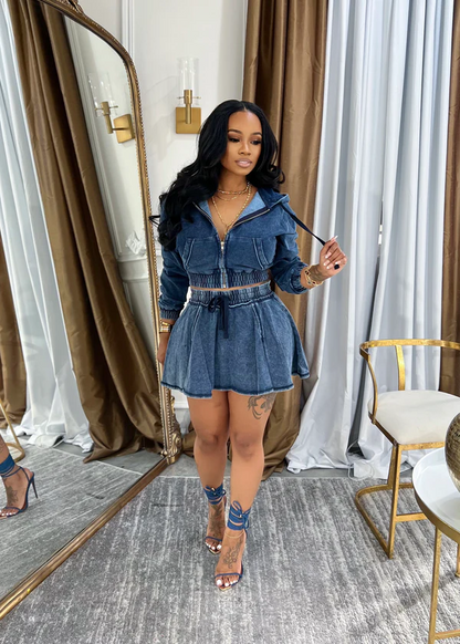 Washed denim skirt suit