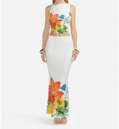 Women's 2 Piece Outfit Floral Crop Tank Tops High Waist Pencil Skirts Sets