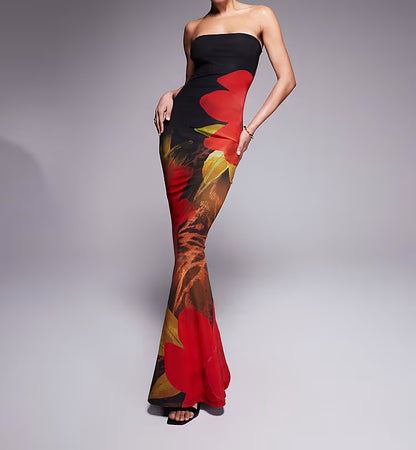 Black and red floral print tube top fishtail maxi dress
