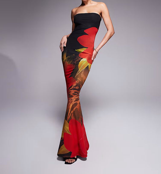 Black and red floral print tube top fishtail maxi dress