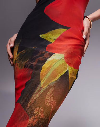 Black and red floral print tube top fishtail maxi dress