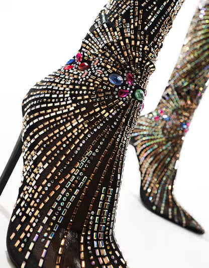 Stretch mesh rhinestone over-the-knee boots