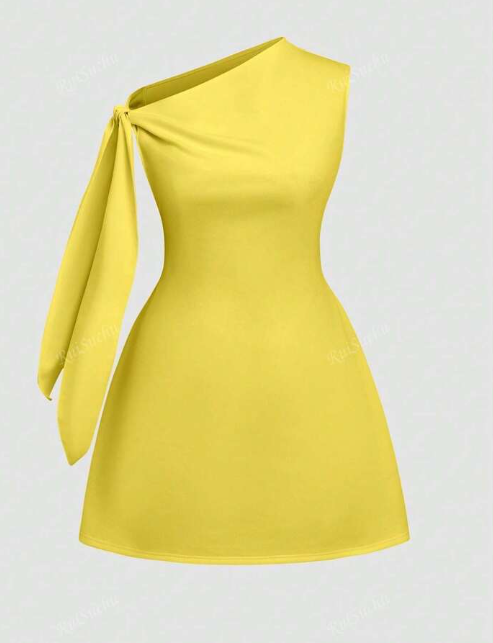 Solid Color Asymmetric Shoulder Sleeveless Tie Dress