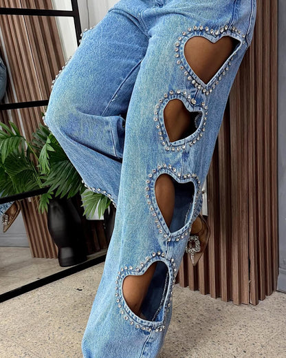 Heart rhinestone jeans