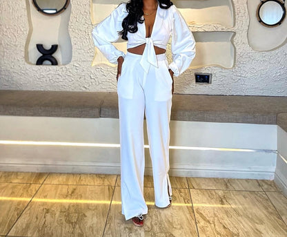 White waist-baring shirt two-piece suit