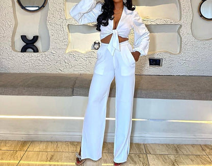 White waist-baring shirt two-piece suit