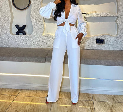 White waist-baring shirt two-piece suit