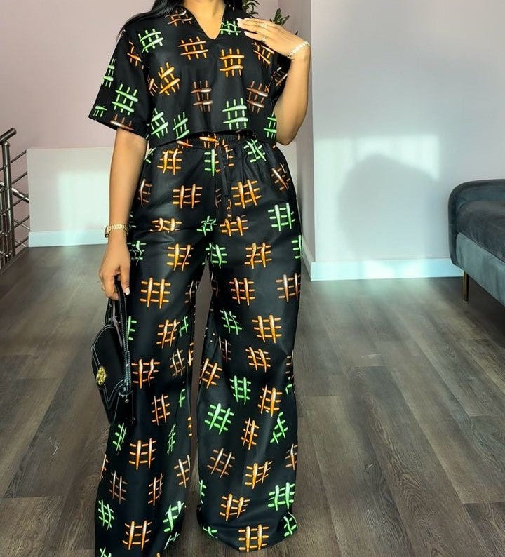 Printed short V-neck top + long pants two-piece set
