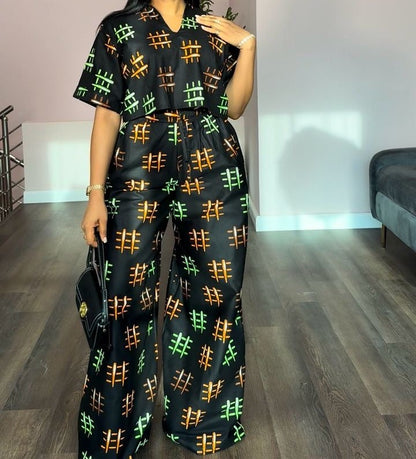 Printed short V-neck top + long pants two-piece set