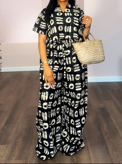Printed short V-neck top + long pants two-piece set