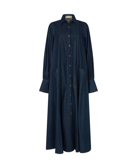 MAXI FLARED SHIRT DRESS IN DARK DENIM