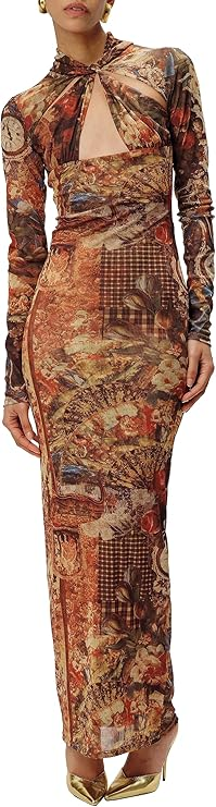 Baroque print fitted long sleeve dress