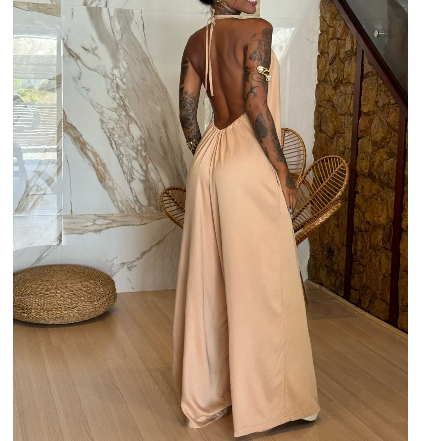Solid color casual wide-leg jumpsuit