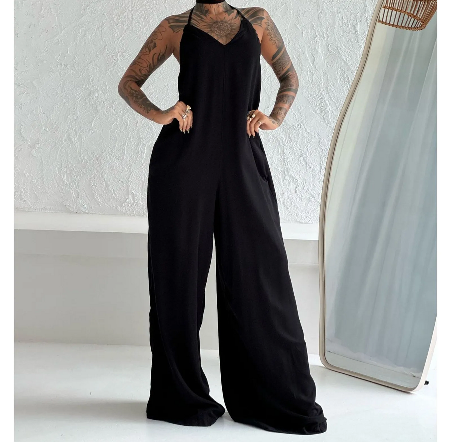 Solid color casual wide-leg jumpsuit