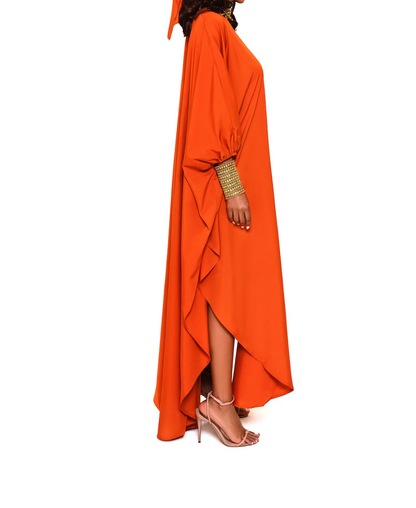 Solid color V-neck lantern sleeve dress