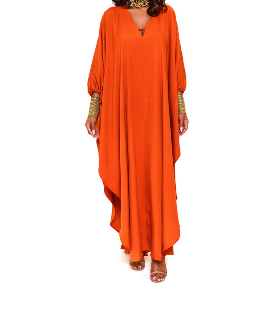 Solid color V-neck lantern sleeve dress