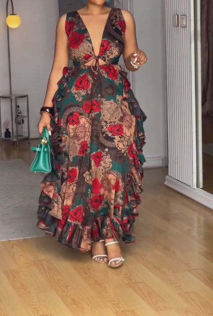 V-neck rose print ruffled maxi skirt