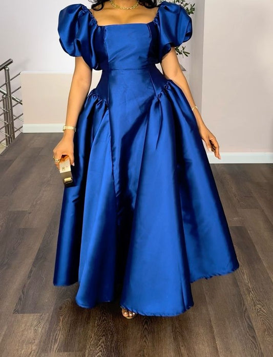Satin Puff Sleeve Waist Long Dress