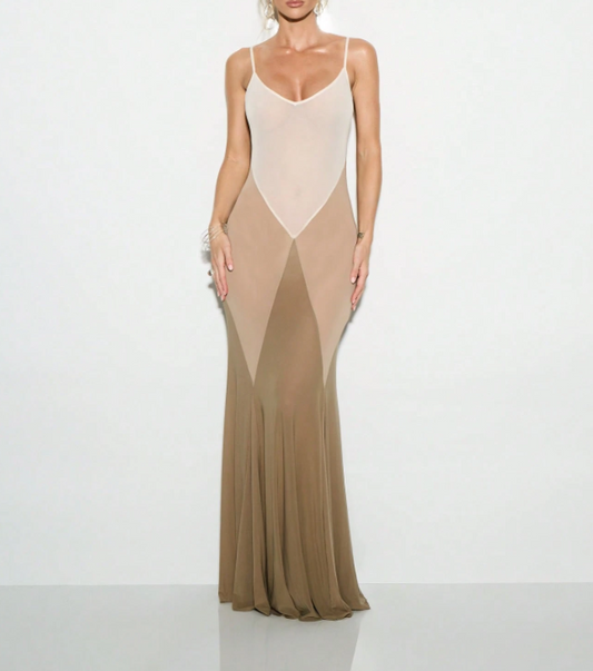 Sheer Mesh Panel Mermaid Maxi Dress