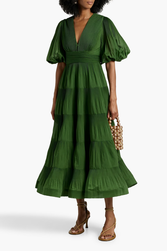 Layered plissé organza midi dress