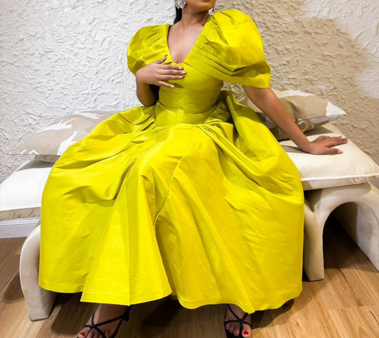 Taffeta Puff Sleeve Waisted Dress with Large Skirt