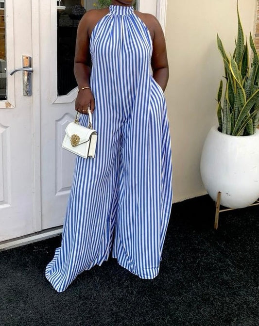 Striped open back lace-up jumpsuit