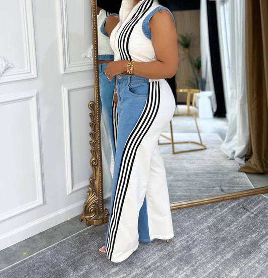 Loose-fitting patchwork denim top and wide-leg pants two-piece set