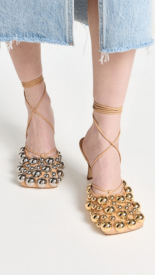 High Heel Sandals Nude Stilettos with Gold and Silver Pearls