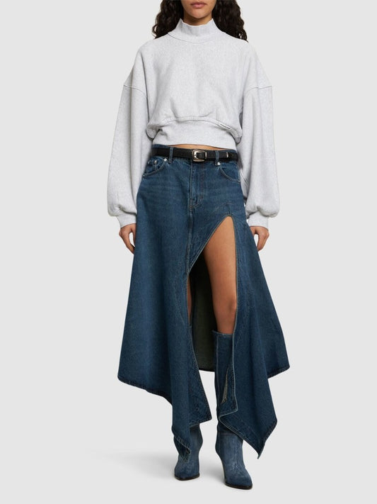 Denim asymmetric slit midi skirt