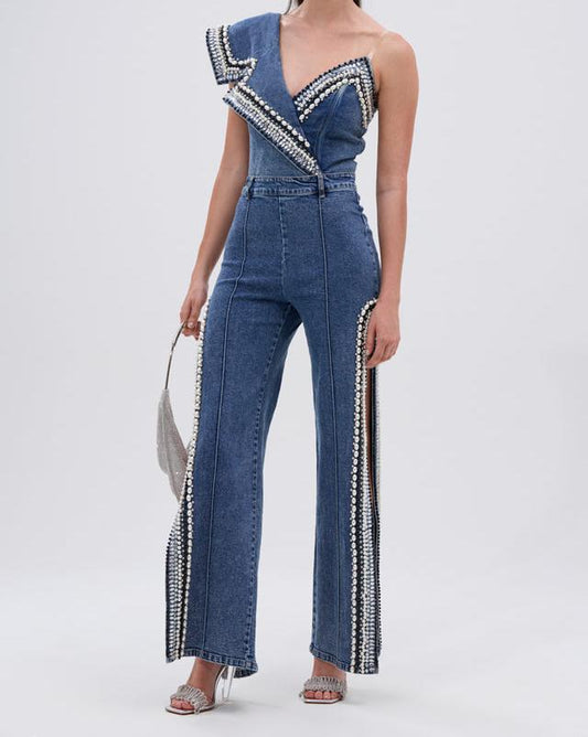 Side Slit Luxury Jeans + Jumpsuit Two-Piece Set