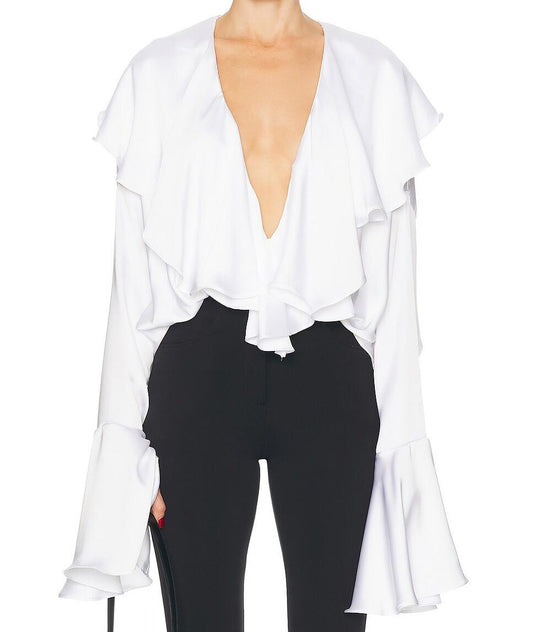 Long Sleeve Deep V Ruffle Bodysuit
