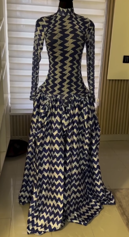 White and blue zigzag mesh dress