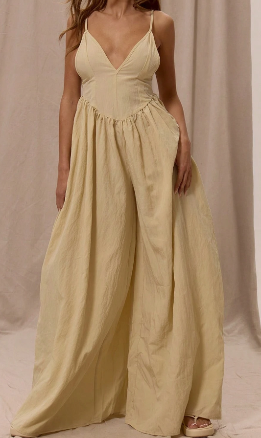 Spaghetti strap low-waist pleated wide-leg jumpsuit