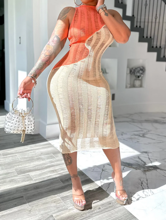 Color Block Sleeveless Crochet Dress
